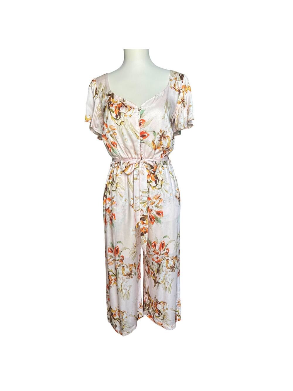 Lavender Brown Blush Pink Floral Wide Leg Jumpsuit Size Medium Made in USA